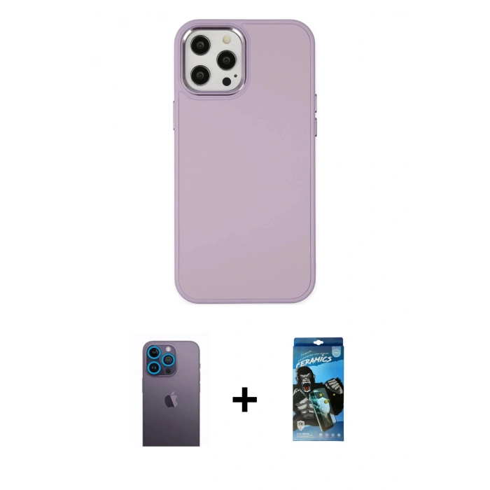 MARSİLYAN™- iPhone 12 Pro Max Kılıf Çekirdek Çizgi - Siyah 34D Izgaralı Cam + Neon Fosforlu Kamera Lens - MI
