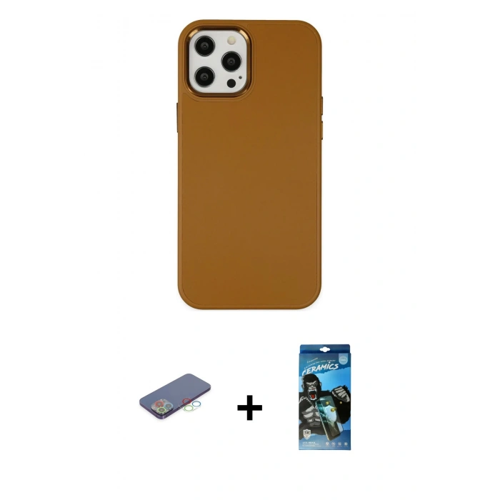 MARSİLYAN™- iPhone 12 Pro Max Kılıf Çekirdek Çizgi - Siyah 34D Izgaralı Cam + Mavi Renkli Kamera Lens Koruma Cam