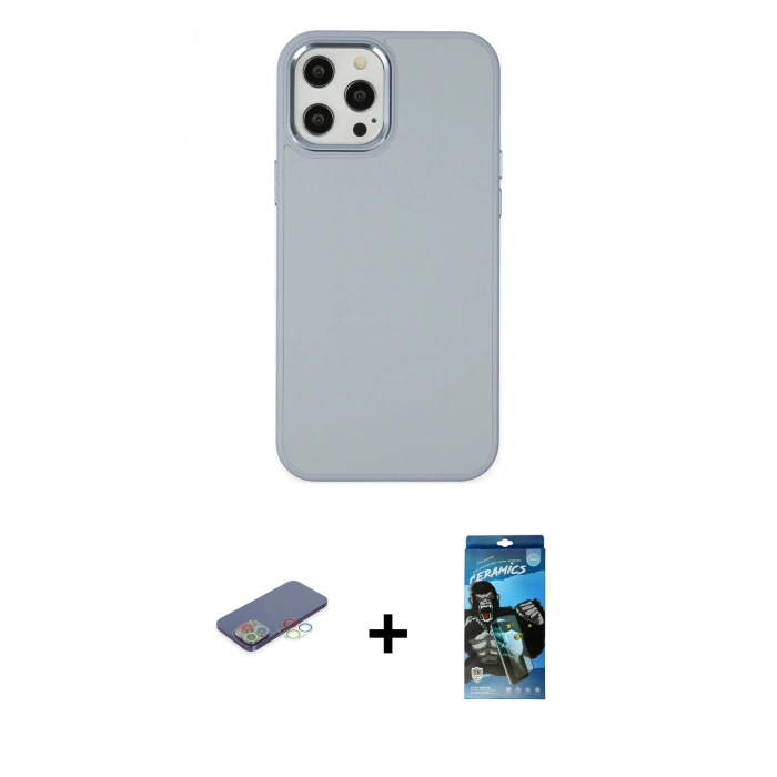 MARSİLYAN™- iPhone 12 Pro Max Kılıf Çekirdek Çizgi - Siyah 34D Izgaralı Cam + Mavi Renkli Kamera Lens Koruma Cam