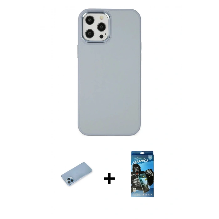MARSİLYAN™- iPhone 12 Pro Max Kılıf Çekirdek Çizgi - Siyah 34D Izgaralı Cam + Shine Kamera Lens Koruma Cam - MI