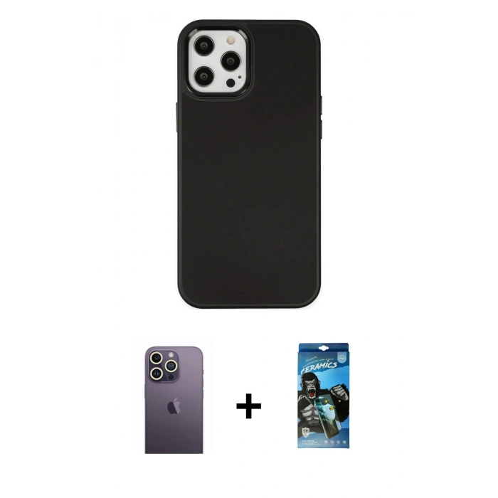 MARSİLYAN™- iPhone 12 Pro Max Kılıf Çekirdek Çizgi - Siyah 34D Izgaralı Cam + Neon Fosforlu Kamera Lens - BZ