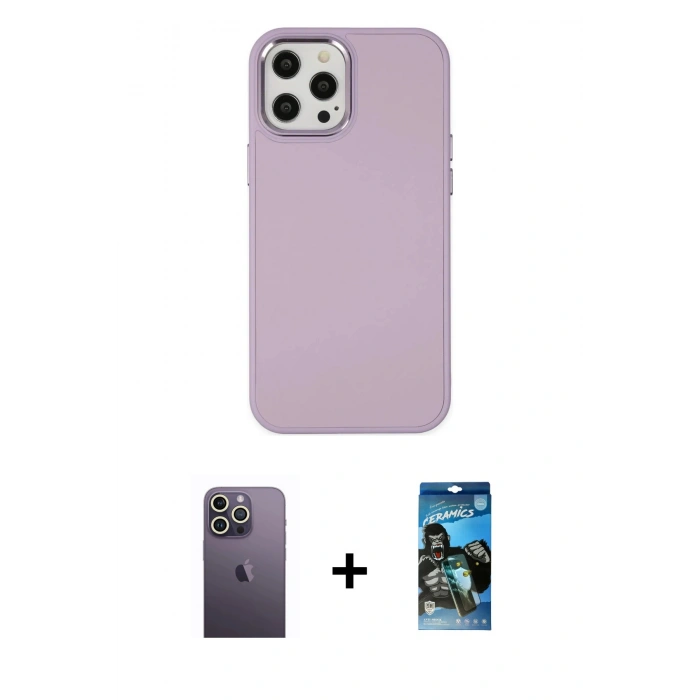MARSİLYAN™- iPhone 12 Pro Max Kılıf Çekirdek Çizgi - Siyah 34D Izgaralı Cam + Neon Fosforlu Kamera Lens - BZ