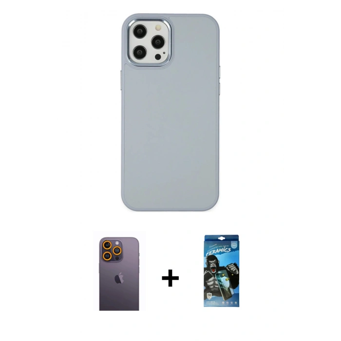 MARSİLYAN™- iPhone 12 Pro Max Kılıf Çekirdek Çizgi - Siyah 34D Izgaralı Cam + Neon Fosforlu Kamera Lens - SI