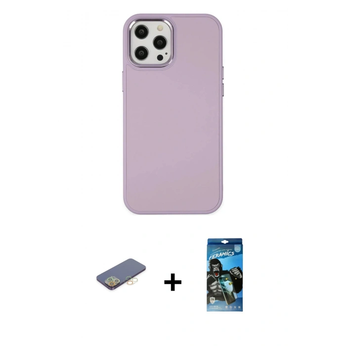 MARSİLYAN™- iPhone 12 Pro Max Kılıf Çekirdek Çizgi - Siyah 34D Izgaralı Cam + Renkli Kamera Lens Koruma Cam - SI