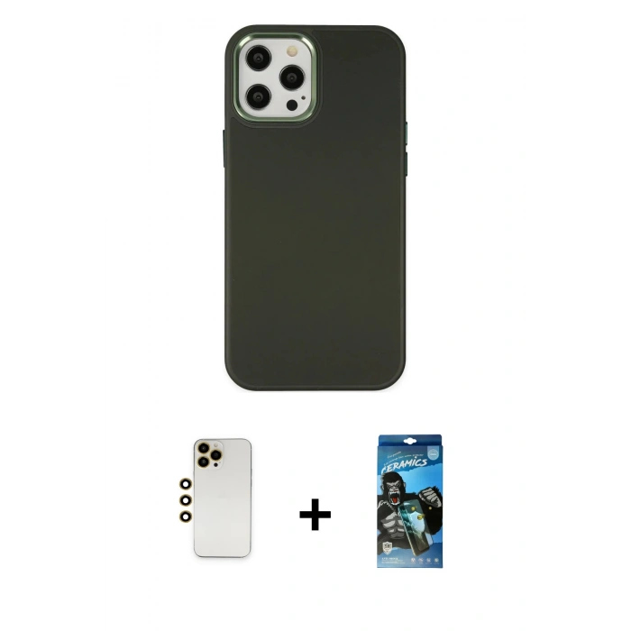 MARSİLYAN™- iPhone 12 Pro Max Kılıf Çekirdek Çizgi - Siyah 34D Izgaralı Cam + Shine Kamera Lens - GD