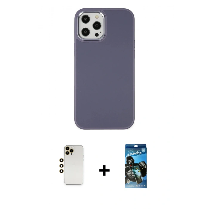 MARSİLYAN™- iPhone 12 Pro Max Kılıf Çekirdek Çizgi - Siyah 34D Izgaralı Cam + Shine Kamera Lens - GD