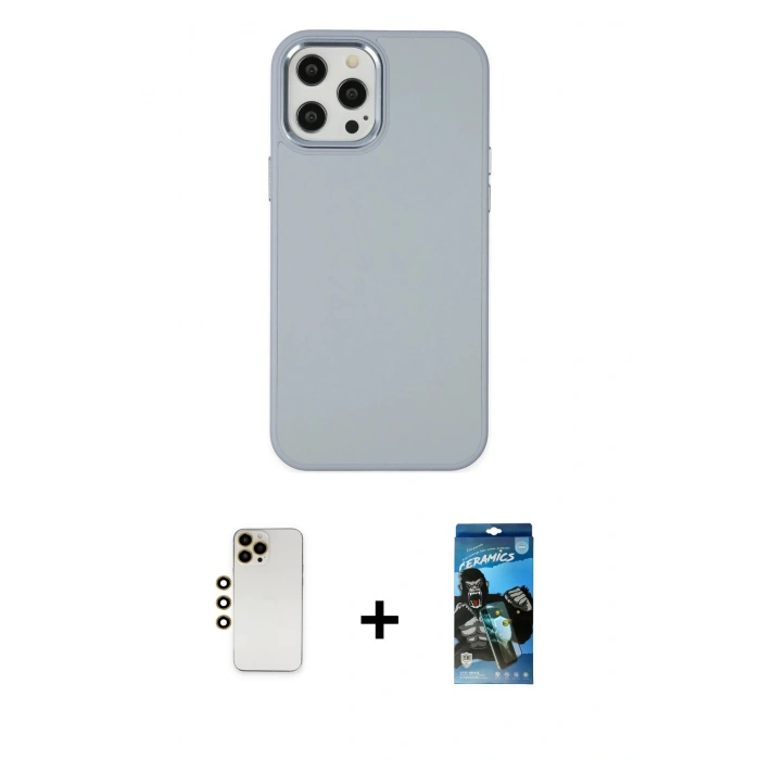 MARSİLYAN™- iPhone 12 Pro Max Kılıf Çekirdek Çizgi - Siyah 34D Izgaralı Cam + Shine Kamera Lens - GD