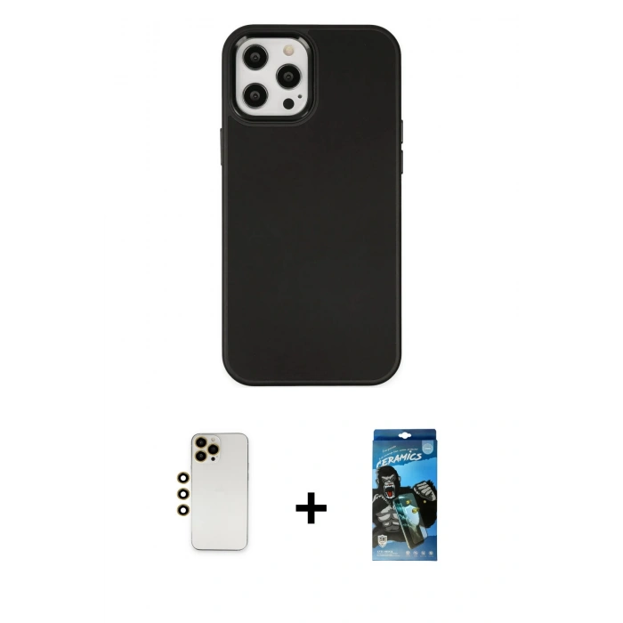 MARSİLYAN™- iPhone 12 Pro Max Kılıf Çekirdek Çizgi - Siyah 34D Izgaralı Cam + Shine Kamera Lens - GD