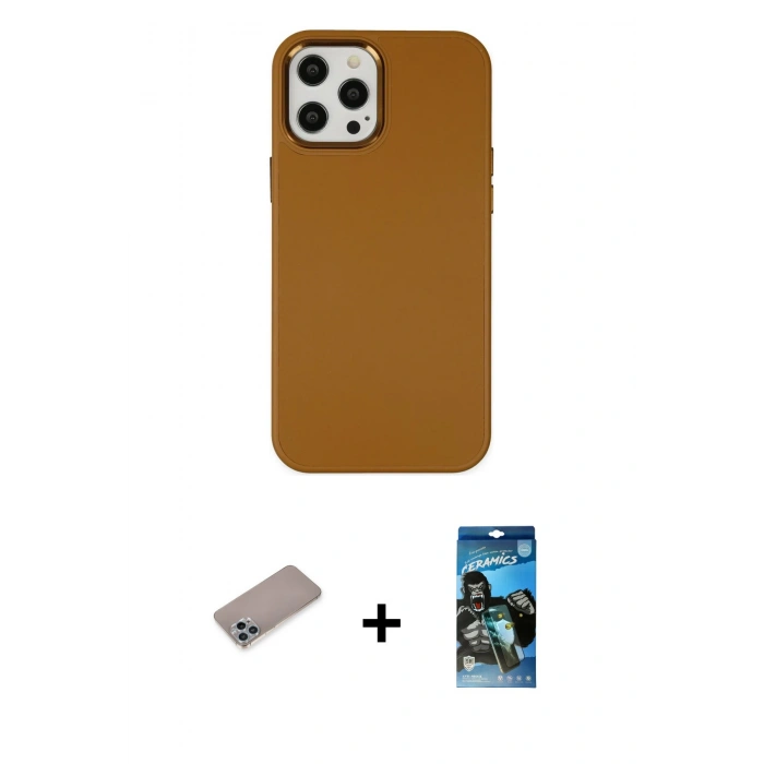 MARSİLYAN™- iPhone 12 Pro Max Kılıf Çekirdek Çizgi - Siyah 34D Izgaralı Cam + Shine Kamera Lens Koruma Cam - SABE