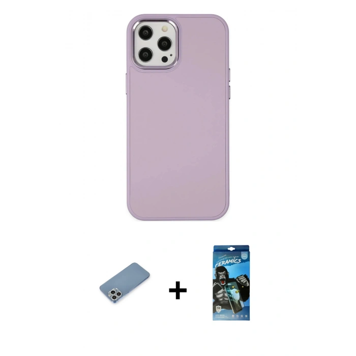MARSİLYAN™- iPhone 12 Pro Max Kılıf Çekirdek Çizgi - Siyah 34D Izgaralı Cam + Shine Kamera Lens Koruma Cam - GS