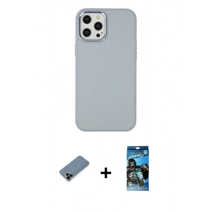 MARSİLYAN™- iPhone 12 Pro Max Kılıf Çekirdek Çizgi - Siyah 34D Izgaralı Cam + Shine Kamera Lens Koruma Cam - SH