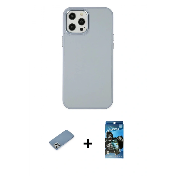 MARSİLYAN™- iPhone 12 Pro Max Kılıf Çekirdek Çizgi - Siyah 34D Izgaralı Cam + Shine Kamera Lens Koruma Cam - GS