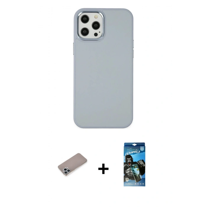 MARSİLYAN™- iPhone 12 Pro Max Kılıf Çekirdek Çizgi - Siyah 34D Izgaralı Cam + Shine Kamera Lens Koruma Cam - SABE