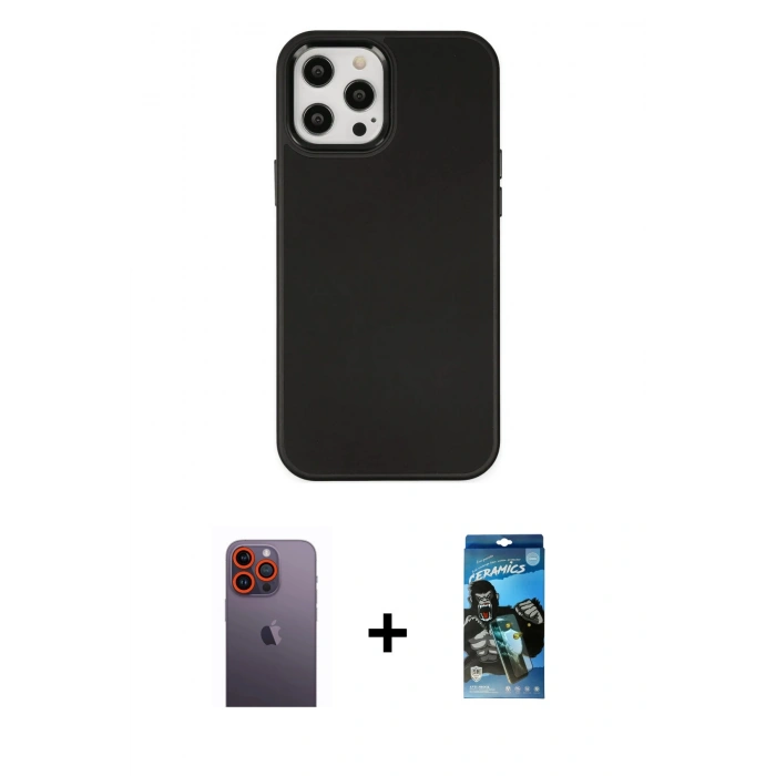 MARSİLYAN™- iPhone 12 Pro Max Kılıf Çekirdek Çizgi - Siyah 34D Izgaralı Cam + Neon Fosforlu Kamera Lens - TU