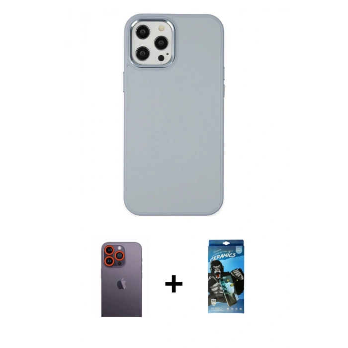 MARSİLYAN™- iPhone 12 Pro Max Kılıf Çekirdek Çizgi - Siyah 34D Izgaralı Cam + Neon Fosforlu Kamera Lens - TU