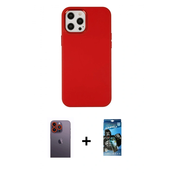 MARSİLYAN™- iPhone 12 Pro Max Kılıf Çekirdek Çizgi - Siyah 34D Izgaralı Cam + Neon Fosforlu Kamera Lens - TU
