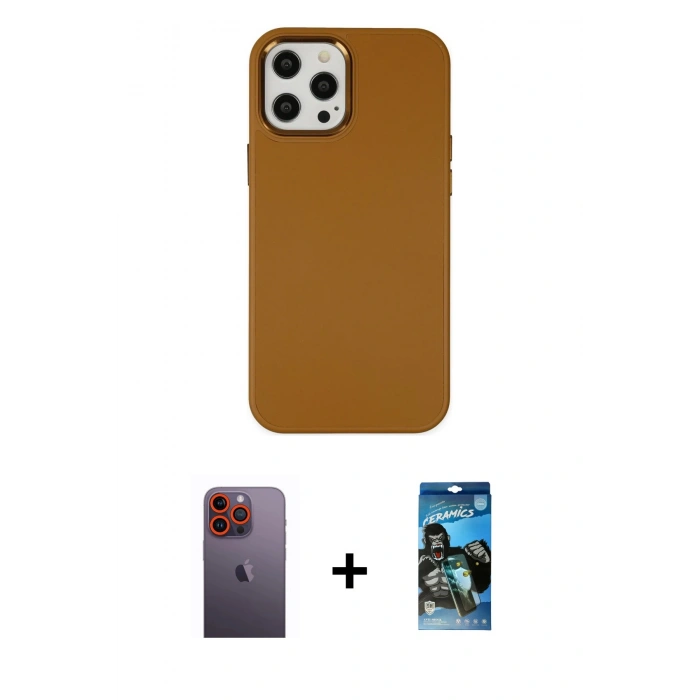 MARSİLYAN™- iPhone 12 Pro Max Kılıf Çekirdek Çizgi - Siyah 34D Izgaralı Cam + Neon Fosforlu Kamera Lens - TU