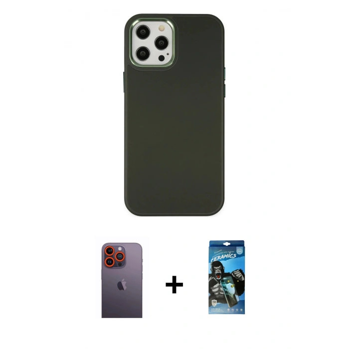 MARSİLYAN™- iPhone 12 Pro Max Kılıf Çekirdek Çizgi - Siyah 34D Izgaralı Cam + Neon Fosforlu Kamera Lens - TU