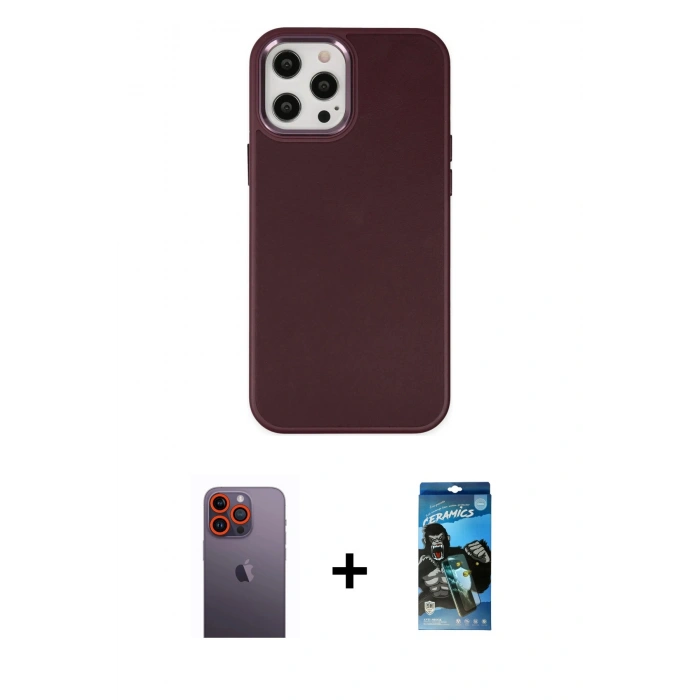 MARSİLYAN™- iPhone 12 Pro Max Kılıf Çekirdek Çizgi - Siyah 34D Izgaralı Cam + Neon Fosforlu Kamera Lens - TU