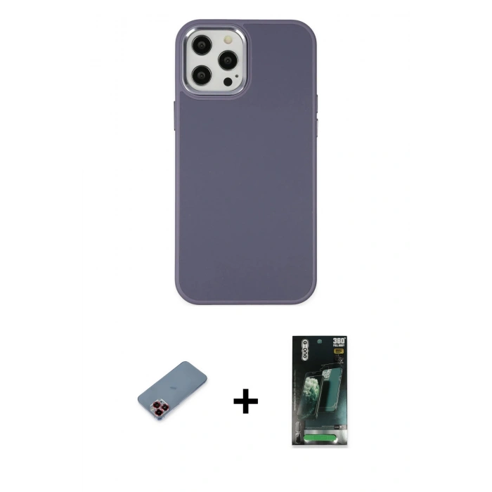 MARSİLYAN™- iPhone 12 Pro Max Kılıf Çekirdek Çizgi - Siyah 360 Mat Full Body Arka Koruyucu + Metal Kamera Lens Koruma Cam - KI