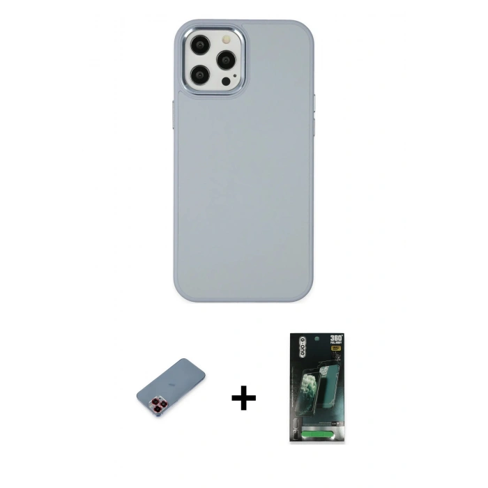 MARSİLYAN™- iPhone 12 Pro Max Kılıf Çekirdek Çizgi - Siyah 360 Mat Full Body Arka Koruyucu + Metal Kamera Lens Koruma Cam - KI