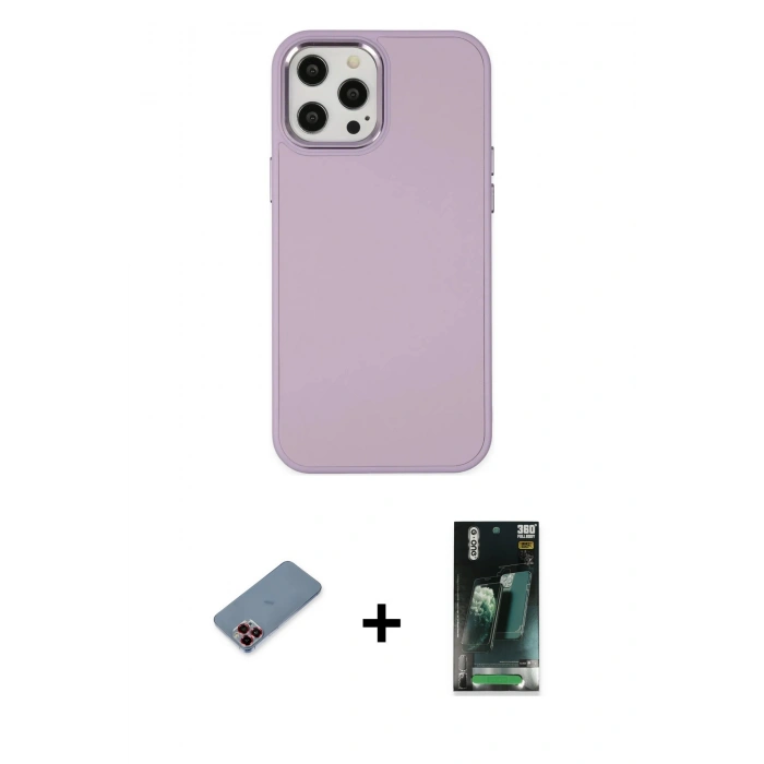 MARSİLYAN™- iPhone 12 Pro Max Kılıf Çekirdek Çizgi - Siyah 360 Mat Full Body Arka Koruyucu + Metal Kamera Lens Koruma Cam - KI