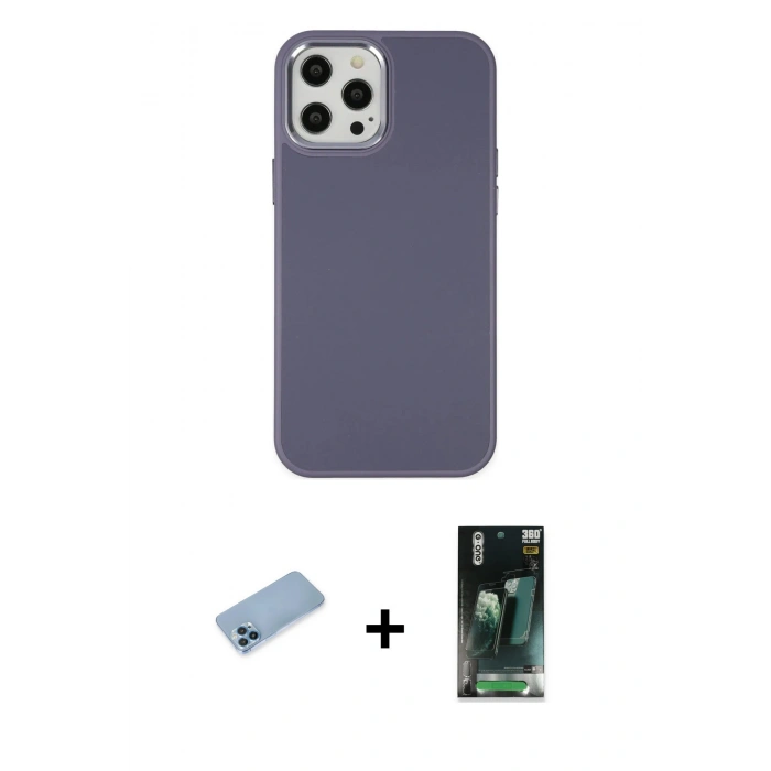 MARSİLYAN™- iPhone 12 Pro Max Kılıf Çekirdek Çizgi - Siyah 360 Mat Full Body Arka Koruyucu + Mavi Shine Kamera Lens Koruma Cam