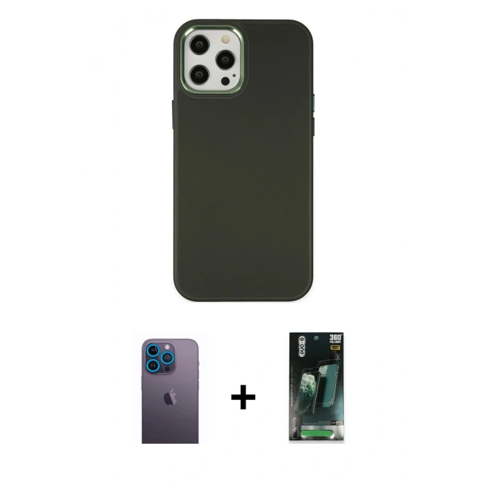 MARSİLYAN™- iPhone 12 Pro Max Kılıf Çekirdek Çizgi - Siyah 360 Mat Full Body Arka Koruyucu + Neon Fosforlu Kamera Lens - MI