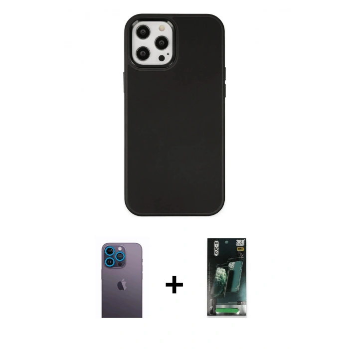 MARSİLYAN™- iPhone 12 Pro Max Kılıf Çekirdek Çizgi - Siyah 360 Mat Full Body Arka Koruyucu + Neon Fosforlu Kamera Lens - MI