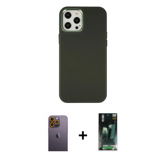 MARSİLYAN™- iPhone 12 Pro Max Kılıf Çekirdek Çizgi - Siyah 360 Mat Full Body Arka Koruyucu + Neon Fosforlu Kamera Lens - SI