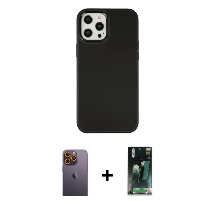 MARSİLYAN™- iPhone 12 Pro Max Kılıf Çekirdek Çizgi - Siyah 360 Mat Full Body Arka Koruyucu + Neon Fosforlu Kamera Lens - SI