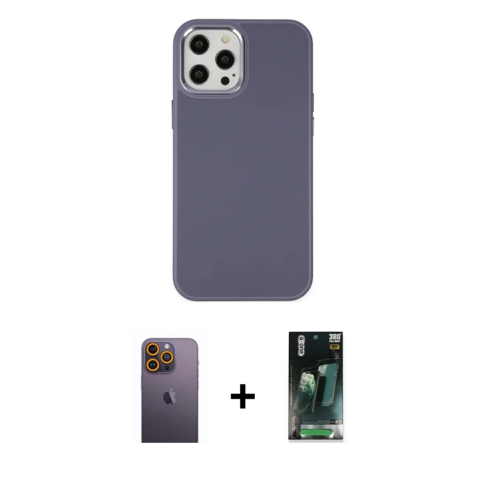 MARSİLYAN™- iPhone 12 Pro Max Kılıf Çekirdek Çizgi - Siyah 360 Mat Full Body Arka Koruyucu + Neon Fosforlu Kamera Lens - SI