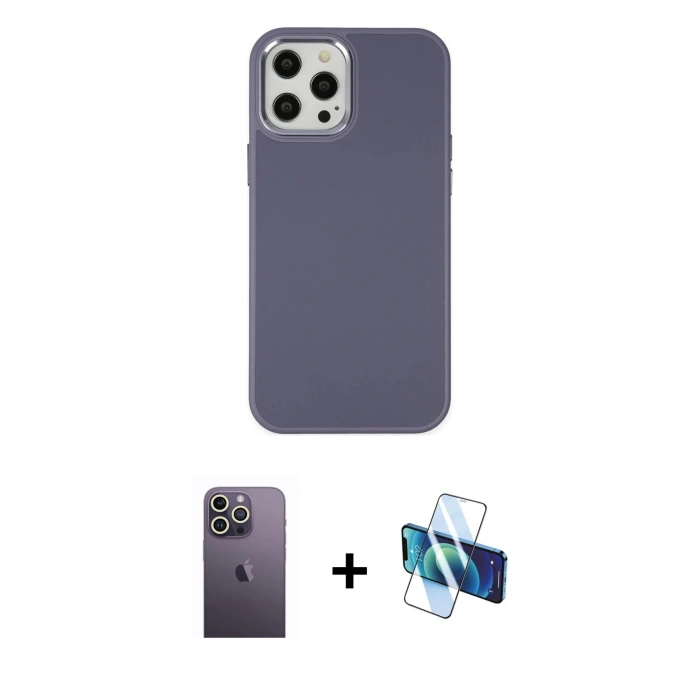 MARSİLYAN™- iPhone 12 Pro Max Kılıf Çekirdek Çizgi - Siyah 3D Antistatik Cam Ekran Koruyucu + Neon Fosforlu Kamera Lens - BZ