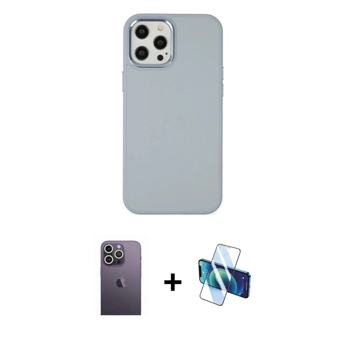 MARSİLYAN™- iPhone 12 Pro Max Kılıf Çekirdek Çizgi - Siyah 3D Antistatik Cam Ekran Koruyucu + Neon Fosforlu Kamera Lens - BZ