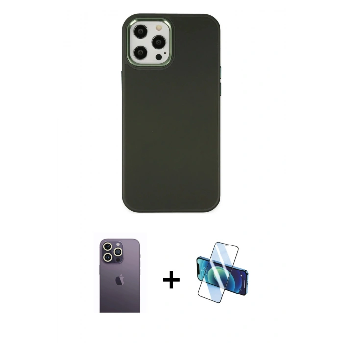 MARSİLYAN™- iPhone 12 Pro Max Kılıf Çekirdek Çizgi - Siyah 3D Antistatik Cam Ekran Koruyucu + Neon Fosforlu Kamera Lens - BZ
