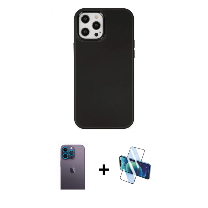 MARSİLYAN™- iPhone 12 Pro Max Kılıf Çekirdek Çizgi - Siyah 3D Antistatik Cam Ekran Koruyucu + Mavi Neon Fosforlu Kamera Lens