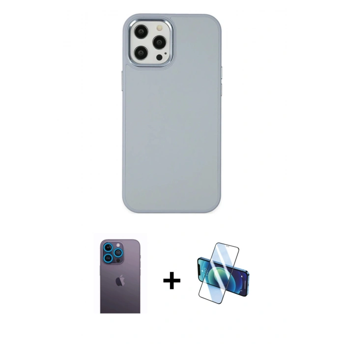 MARSİLYAN™- iPhone 12 Pro Max Kılıf Çekirdek Çizgi - Siyah 3D Antistatik Cam Ekran Koruyucu + Mavi Neon Fosforlu Kamera Lens