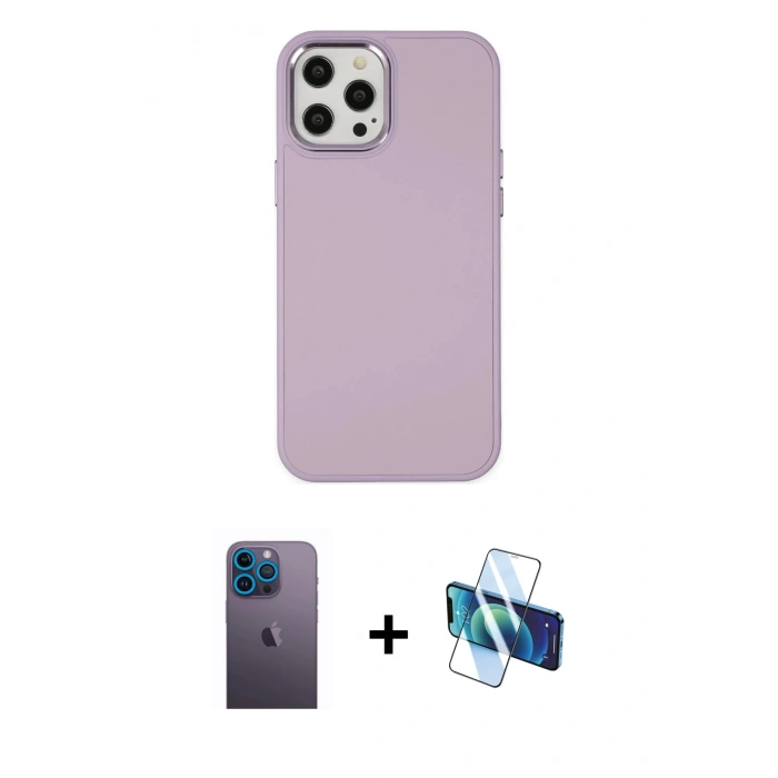 MARSİLYAN™- iPhone 12 Pro Max Kılıf Çekirdek Çizgi - Siyah 3D Antistatik Cam Ekran Koruyucu + Mavi Neon Fosforlu Kamera Lens