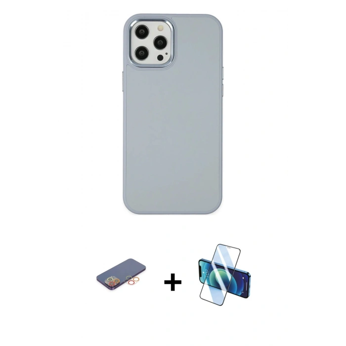 MARSİLYAN™- iPhone 12 Pro Max Kılıf Çekirdek Çizgi - Siyah 3D Antistatik Cam Ekran Koruyucu + Renkli Kamera Lens Koruma Cam - TU