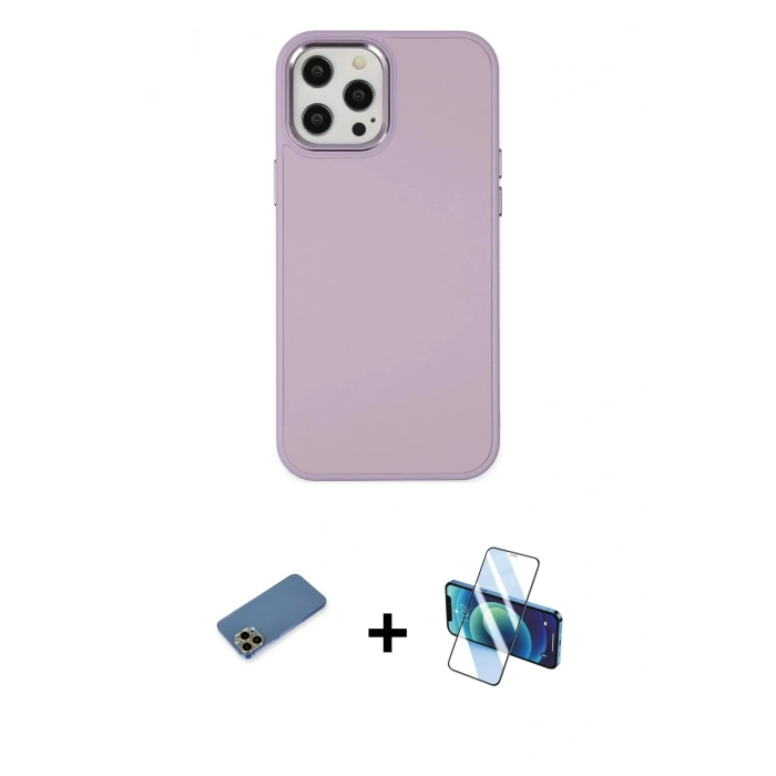 MARSİLYAN™- iPhone 12 Pro Max Kılıf Çekirdek Çizgi - Siyah 3D Antistatik Cam Ekran Koruyucu + Shine Kamera Lens Koruma Cam - GD