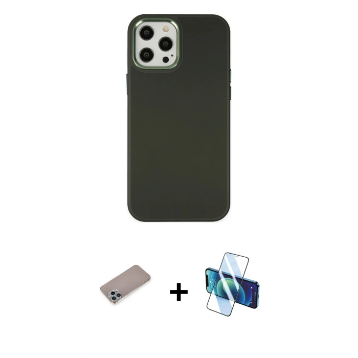 MARSİLYAN™- iPhone 12 Pro Max Kılıf Çekirdek Çizgi - Siyah 3D Antistatik Cam Ekran Koruyucu + Shine Kamera Lens Koruma Cam - SABE