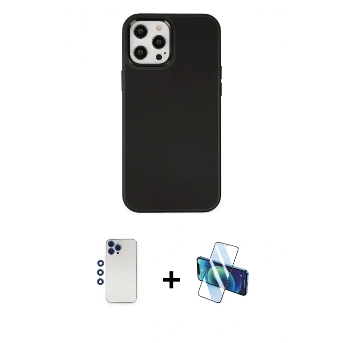 MARSİLYAN™- iPhone 12 Pro Max Kılıf Çekirdek Çizgi - Siyah 3D Antistatik Cam Ekran Koruyucu + Shine Kamera Lens - LT