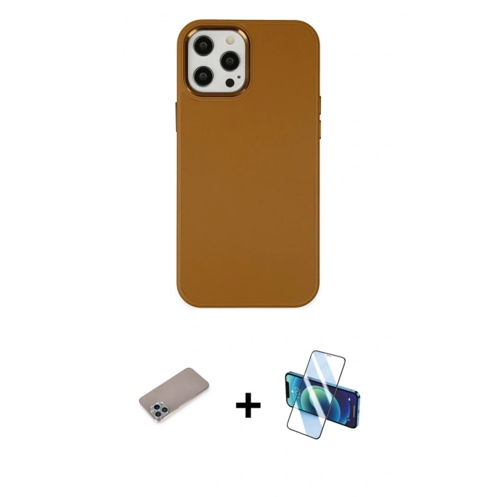 MARSİLYAN™- iPhone 12 Pro Max Kılıf Çekirdek Çizgi - Siyah 3D Antistatik Cam Ekran Koruyucu + Shine Kamera Lens Koruma Cam - SABE