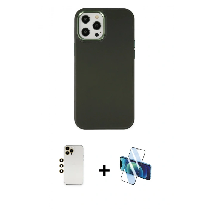 MARSİLYAN™- iPhone 12 Pro Max Kılıf Çekirdek Çizgi - Siyah 3D Antistatik Cam Ekran Koruyucu + Shine Kamera Lens - GD