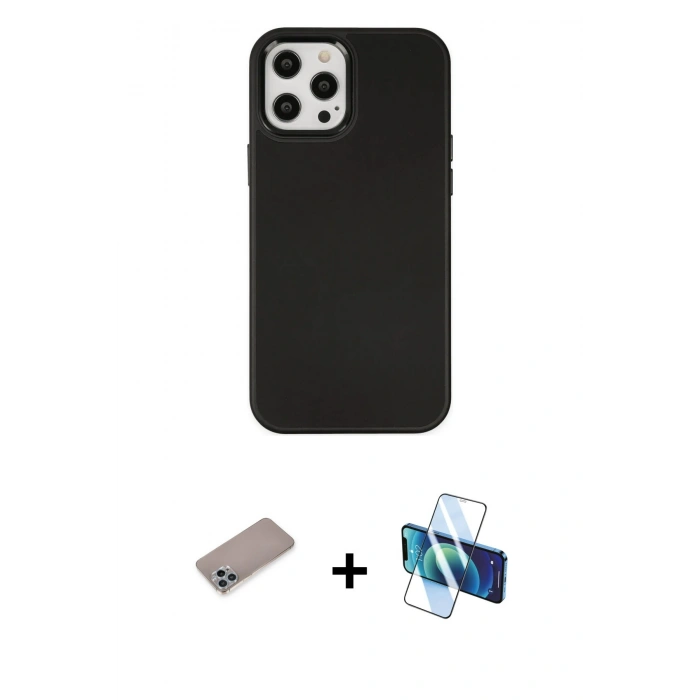 MARSİLYAN™- iPhone 12 Pro Max Kılıf Çekirdek Çizgi - Siyah 3D Antistatik Cam Ekran Koruyucu + Shine Kamera Lens Koruma Cam - SABE