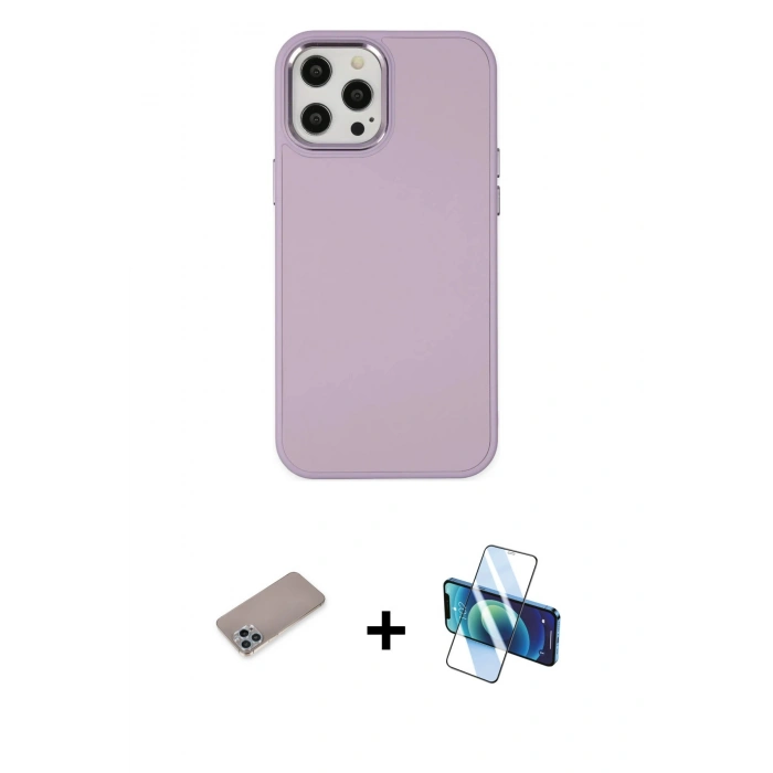 MARSİLYAN™- iPhone 12 Pro Max Kılıf Çekirdek Çizgi - Siyah 3D Antistatik Cam Ekran Koruyucu + Shine Kamera Lens Koruma Cam - SABE