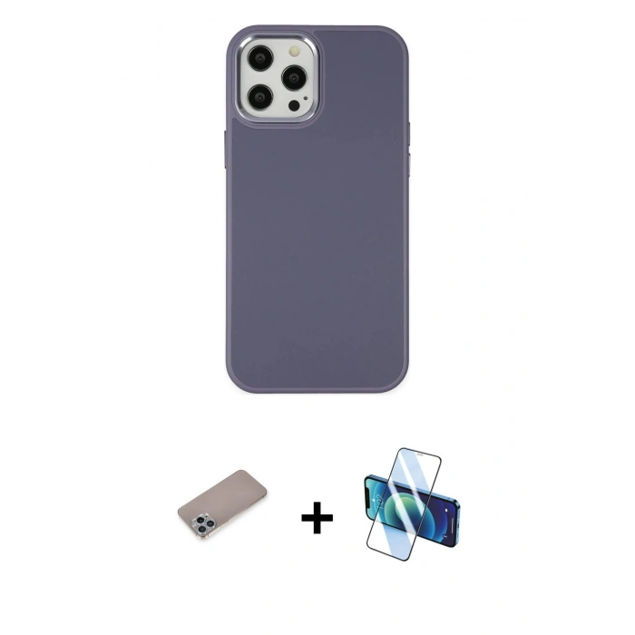 MARSİLYAN™- iPhone 12 Pro Max Kılıf Çekirdek Çizgi - Siyah 3D Antistatik Cam Ekran Koruyucu + Shine Kamera Lens Koruma Cam - SABE