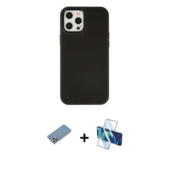 MARSİLYAN™- iPhone 12 Pro Max Kılıf Çekirdek Çizgi - Siyah 3D Antistatik Cam Ekran Koruyucu + Shine Kamera Lens Koruma Cam - GS