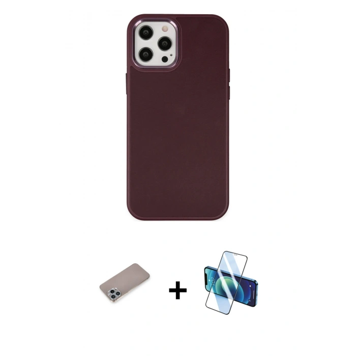 MARSİLYAN™- iPhone 12 Pro Max Kılıf Çekirdek Çizgi - Siyah 3D Antistatik Cam Ekran Koruyucu + Shine Kamera Lens Koruma Cam - SABE