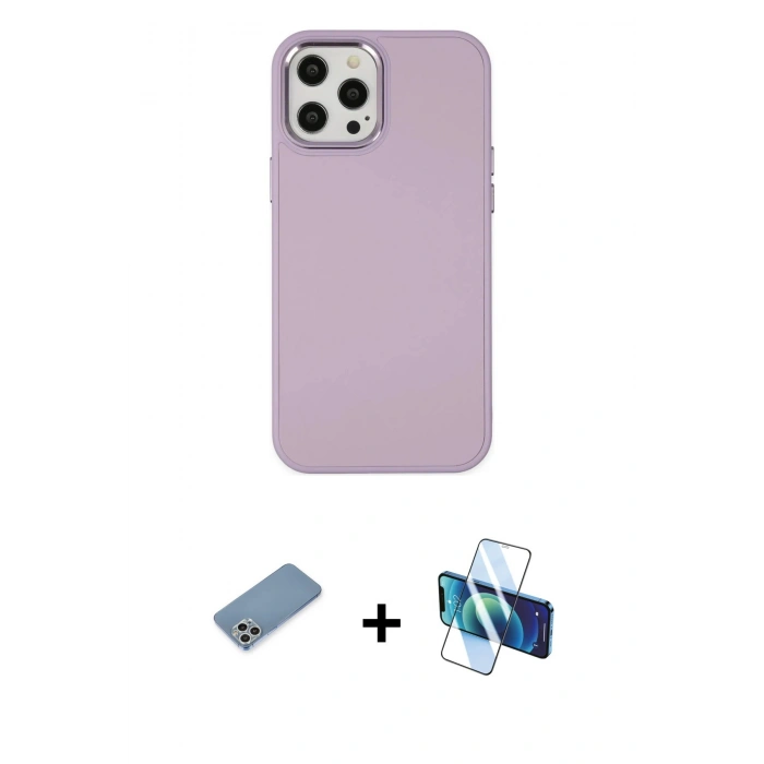 MARSİLYAN™- iPhone 12 Pro Max Kılıf Çekirdek Çizgi - Siyah 3D Antistatik Cam Ekran Koruyucu + Shine Kamera Lens Koruma Cam - GS